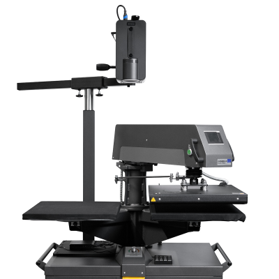 Máquina de impressão têxtil cinza e preta com tela digital