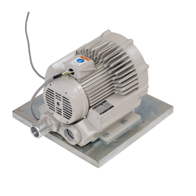 Motor elétrico industrial cinzento sobre base metálica