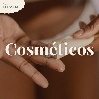 Mãos a espremer creme de tubo bege claro com texto 'hi PLEASURE' e 'Cosméticos'