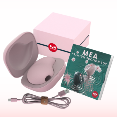 Brinquedo erótico succionador rosa MEA da Fun Factory com base de carregamento, cabo USB, caixa e cartão promocional