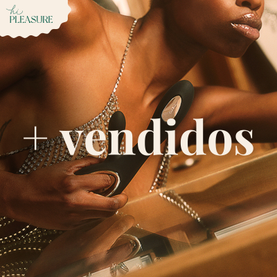 Pessoa a segurar vibrador preto com detalhes metálicos e texto '+ vendidos' sobreposto.
