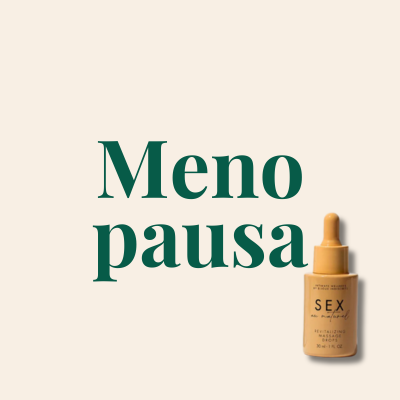 Frasco pequeno amarelo com conta-gotas com rótulo de óleo natural para massagem revitalizante ao lado de texto Meno pausa em fundo bege.