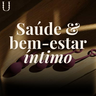 Conjunto de bolas anais roxas em silicone sobre madeira clara com texto Saúde & bem-estar íntimo