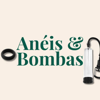 Anéis pretos e bomba de sucção translúcida com texto Anéis & Bombas