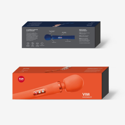 Embalagens de massageadores pessoais VIM em azul escuro e laranja com botões nos dispositivos e textos descritivos em português e inglês.