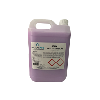 Recipiente plástico roxo de 5 litros com amaciador lilás e rótulo da marca HIGIENEPRO