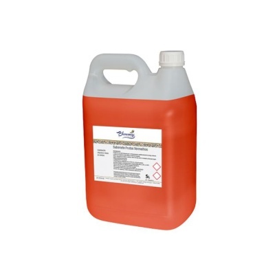 Recipiente plástico vermelho de 5 litros com tampa branca e rótulo de sabonete frutas vermelhas