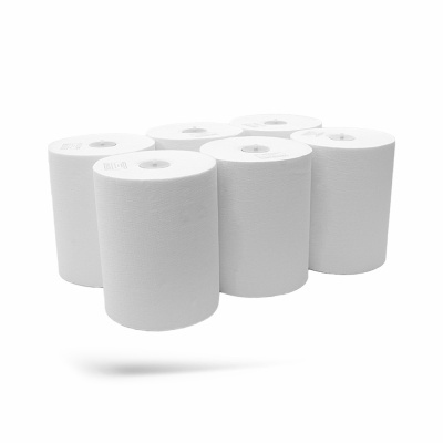 Seis rolos de papel toalha branco em fundo branco