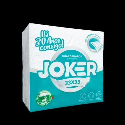 Pacote de guardanapos Joker em embalagem branca e azul-turquesa.