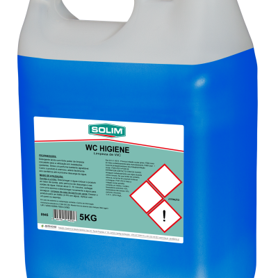 Frasco plástico branco e azul de 5 kg com produto para limpeza de WC, rótulo da marca SOLIM com advertências
