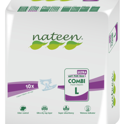 Embalagem branca de fraldas para adultos Nateen tamanho L com texto informativo