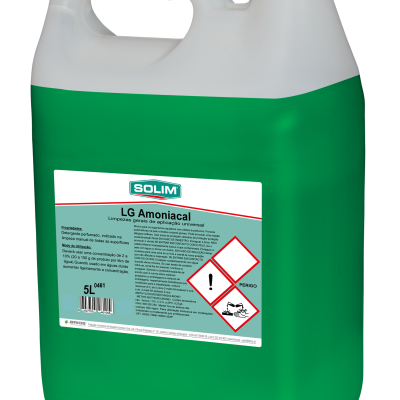 Galão plástico verde com pega branca e etiqueta branca LG Amoniacal SOLIM 5L