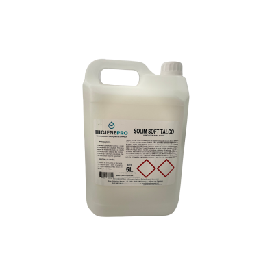 Recipiente branco translúcido de 5 litros com etiqueta SOLIM SOFT TALCO
