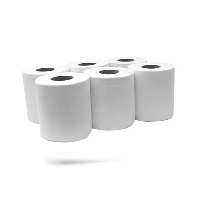 Seis rolos de papel higiénico branco com textura lisa e orifício central
