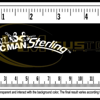 Régua de medição com texto ERNIE BALL MUSIC MAN Sterling em fundo preto oval