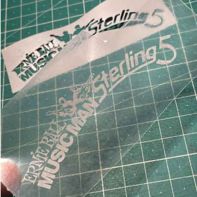 Adesivo transparente com texto e figura humana sobre mesa quadriculada verde