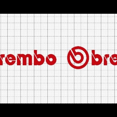 Logótipos da marca Brembo em vermelho com símbolo circular em fundo quadriculado