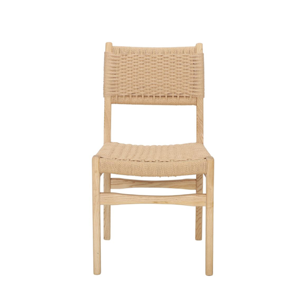 Cadeira em madeira de olmo e corda natural Bonik Cadeira de madeira clara com assento e encosto em tecido natural entrelaçado