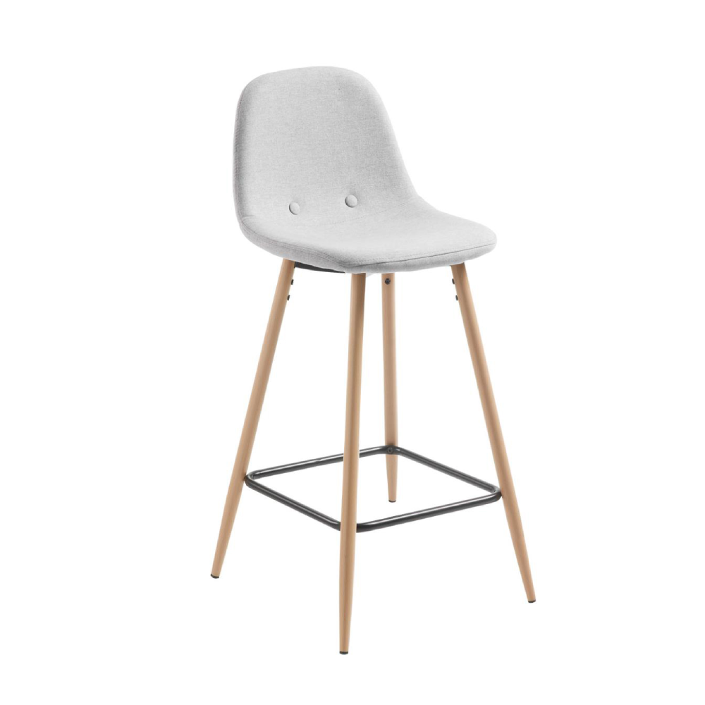 Cadeira alta estofada cinza Nolita 65cm Banco alto cinzento com pernas de madeira clara e apoio para os pés preto