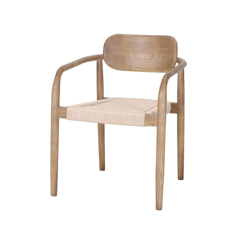 Cadeira com braços em madeira e corda bege Utiel Cadeira de madeira clara com assento trançado em corda bege