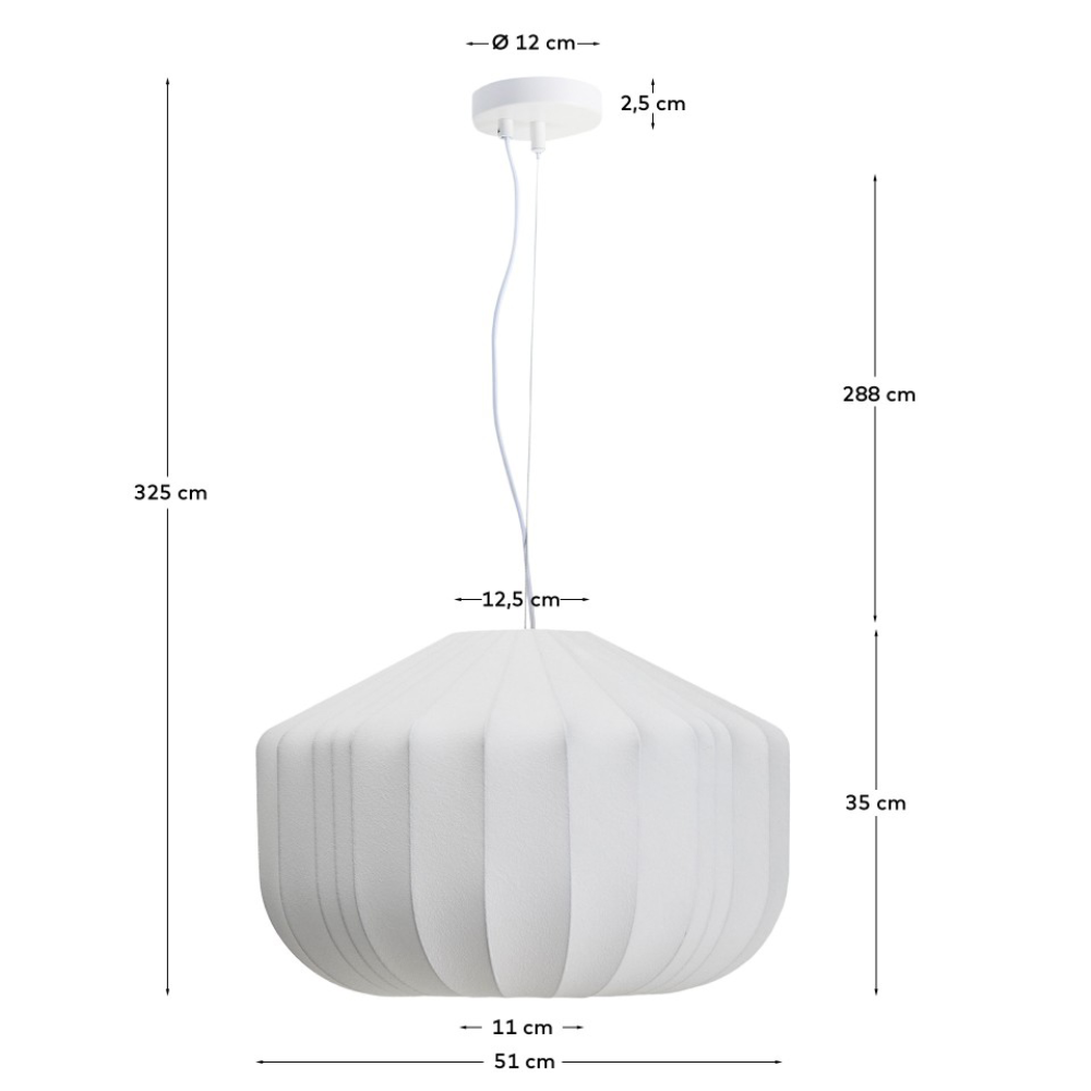 Candeeiro de teto em tecido seda branco Somaran Ø51 Candeeiro de teto pendente branco com design geométrico e medidas em cm