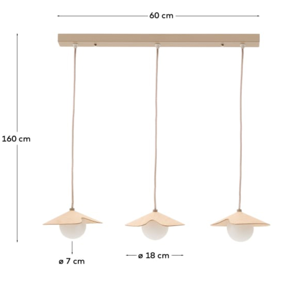 Candeeiro de teto em madeira e bolas de vidro branco Wilas Lâmpada pendente tripla com cúpulas em madeira clara e lâmpadas redondas opacas.