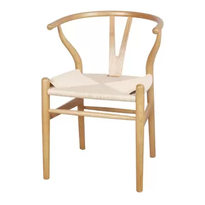 Cadeira Wishbone com braços em madeira olmo e corda natural