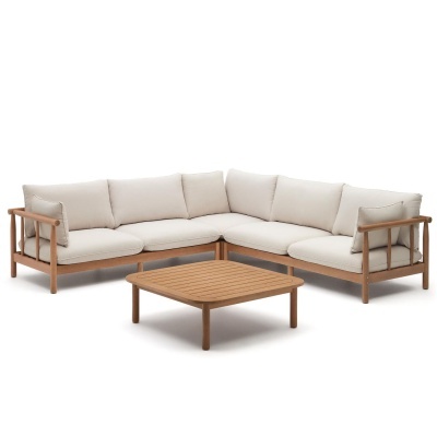 Conjunto Savan, sofá 5 lugares, mesa, madeira