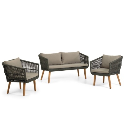 Conjunto Intan, Sofá 2 lugares, 2 cadeirões, alumínio/acácia