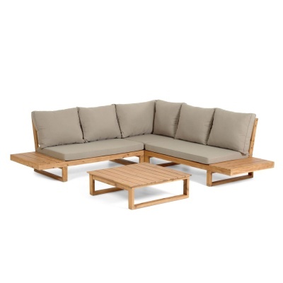 Conjunto Flavia, sofá 5 lugares, mesa, acácia