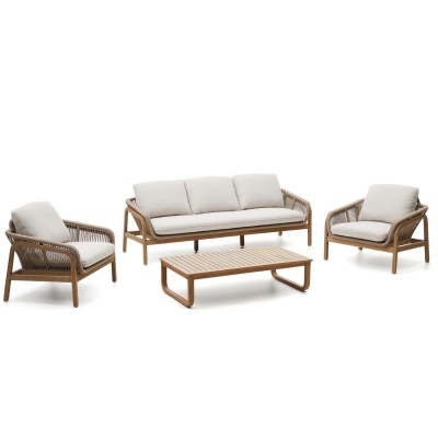 Conjunto Vella, Sofá, 2 cadeirões, mesa centro, acácia