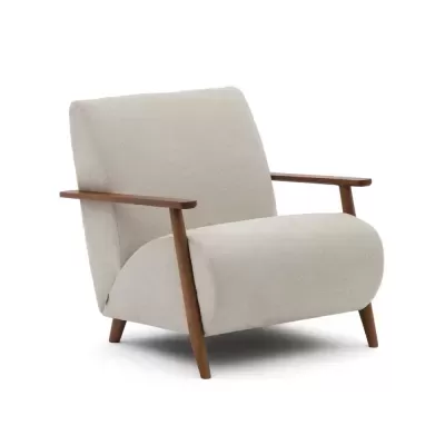 Cadeirão estofado chenille pérola em madeira freixo Meg