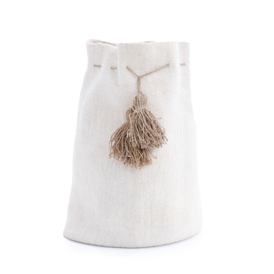 Cesto c/pompons, lã feltrada, natural, Ø40x65