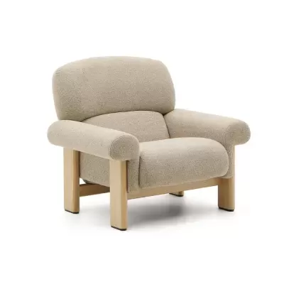 Cadeirão estofado chenille bege com pernas em freixo Nemos