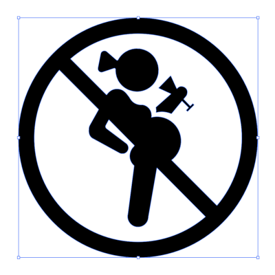 Símbolo de aviso preto com figura feminina estilizada num círculo atravessado por uma barra diagonal