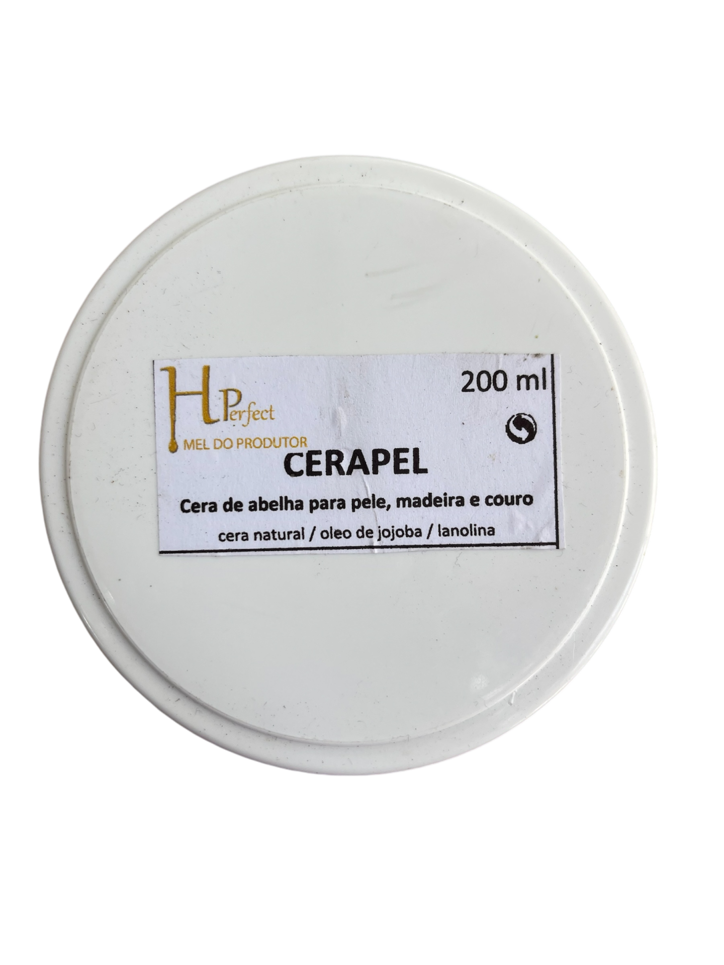 Pote branco redondo com rótulo de cera de abelha CERAPEL