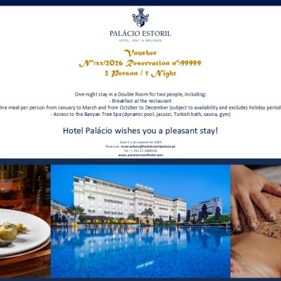 Voucher do Hotel Palácio Estoril com imagens de prato, hotel e massagem