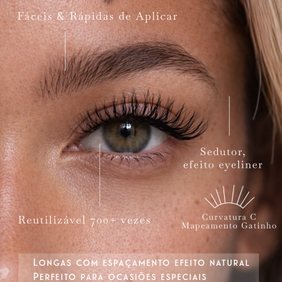 Olho feminino com pestanas postiços magnéticos pretos, textura sedosa, efeito eyeliner e texto promocional em português.