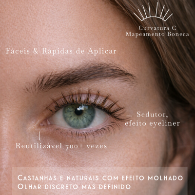 Close-up de olho com pestanas castanhas naturais e efeito molhado