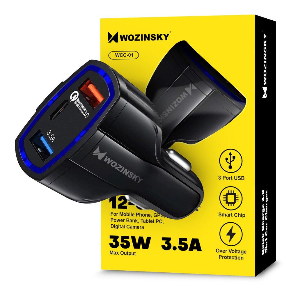 Carregador de isqueiro Wozinsky 2x USB + 1x USB-C QC3.0