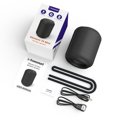 Coluna portátil preta Tronsmart Element T6 Mini com acessórios e embalagem