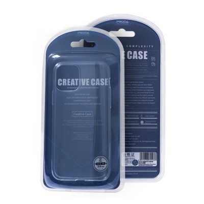 Capa de telemóvel azul escuro em embalagem plástica transparente com cartão de suporte azul