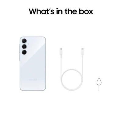 Conteúdo da caixa: smartphone Samsung branco, cabo USB branco e ferramenta para cartão SIM