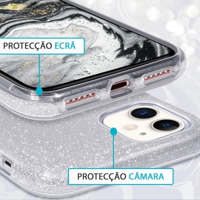 Capa transparente com glitter prateado para telemóvel branco com duas câmaras