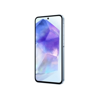 Smartphone azul com ecrã infinito e imagem abstrata em tons de azul e roxo