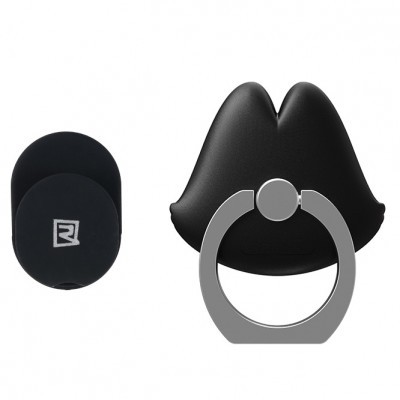 Suporte preto para smartphone com anel metálico e bases adesivas pretas