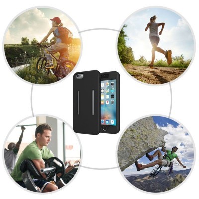 Capa preta para smartphone cercada por imagens de ciclismo, corrida, musculação e escalada