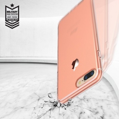 Capa transparente para iPhone rosa a cair sobre chão de mármore com estilhaços