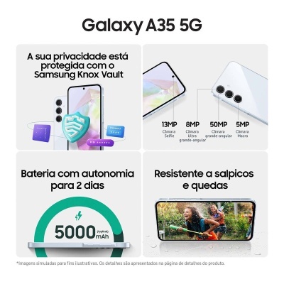 Imagem promocional do smartphone Galaxy A35 5G com características técnicas e funcionalidades em português.