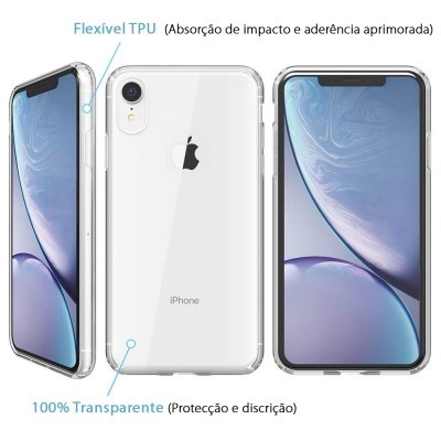 iPhone XR branco com capa transparente flexível de TPU